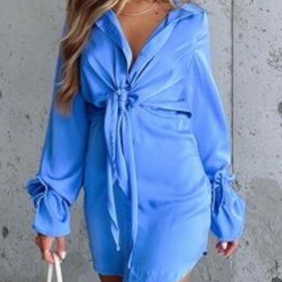 White Fox Blue Tie Detail Satin Dress - Picture 2 of 5